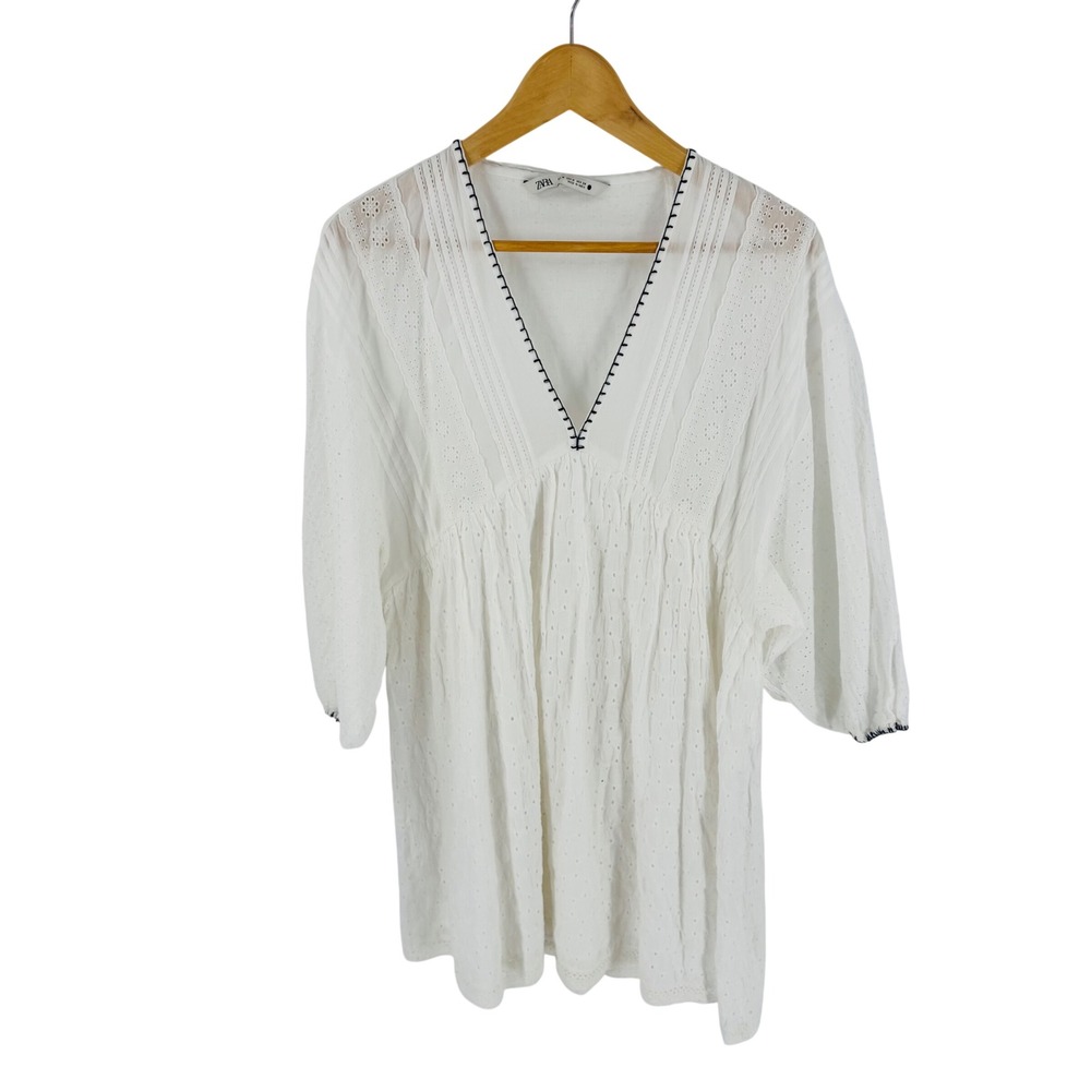 Zara White Eyelet Peasant Mini Dress Size M Boho Embroidered Puff Sleeve Cottage